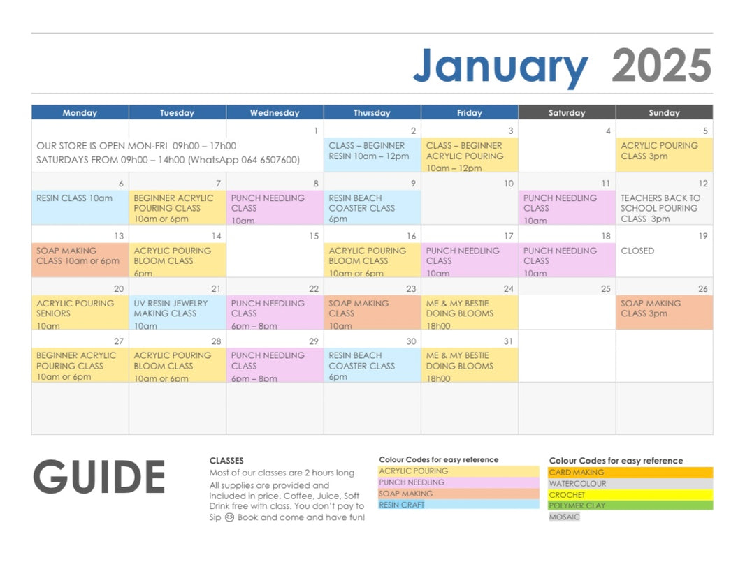 January 2025 Class Calendar Simply B Arts & Crafts